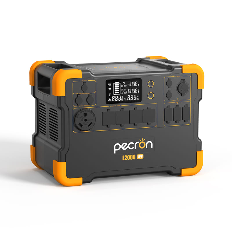 The Pecron E2000LFP portable power station, with its distinctive black and orange design, is equipped with a 2000W Pure Sine Wave Inverter. It features an LED screen displaying power information and offers a variety of outlets. Remarkably, it can be expanded up to 8064Wh to cater to all your energy requirements.