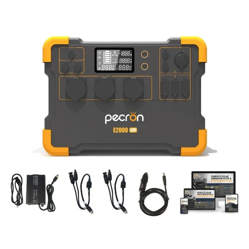 Image of the Pecron E2000LFP portable power station, highlighted by yellow accents. It includes a digital display and multiple outlets. This unit features a 2000W Pure Sine Wave Inverter and is expandable up to 8064Wh. Accompanying the power station are various cables and accessories, all provided alongside an instruction manual and packaging.