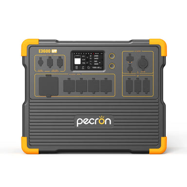 The Pecron E3600 LFP portable power station features yellow corners and a digital display on top, as well as multiple socket outlets, USB ports, and various input/output options. It is equipped with a durable LiFePo4 battery and provides 3600W AC power. The brand name "Pecron" is displayed prominently on the front.