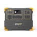 The Pecron E3600 LFP portable power station features yellow corners and a digital display on top, as well as multiple socket outlets, USB ports, and various input/output options. It is equipped with a durable LiFePo4 battery and provides 3600W AC power. The brand name "Pecron" is displayed prominently on the front.