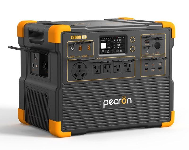 The Pecron E3600 LFP portable power station is equipped with a LiFePo4 battery and boasts multiple outlets and ports, as well as a clear digital display. This stylish black unit with orange accents is designed for versatile power needs and easy carrying, thanks to its convenient handle.