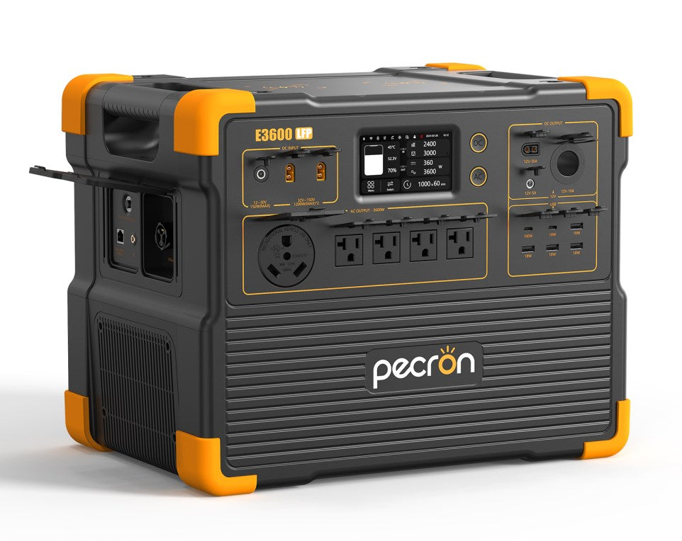 The Pecron E3600 LFP portable power station, showcasing an elegant black and orange design, comes equipped with a durable LiFePo4 battery. It offers a variety of output options, including 3600W AC power outlets and multiple USB ports. Additionally, it features a display panel for tracking power indicators and settings.