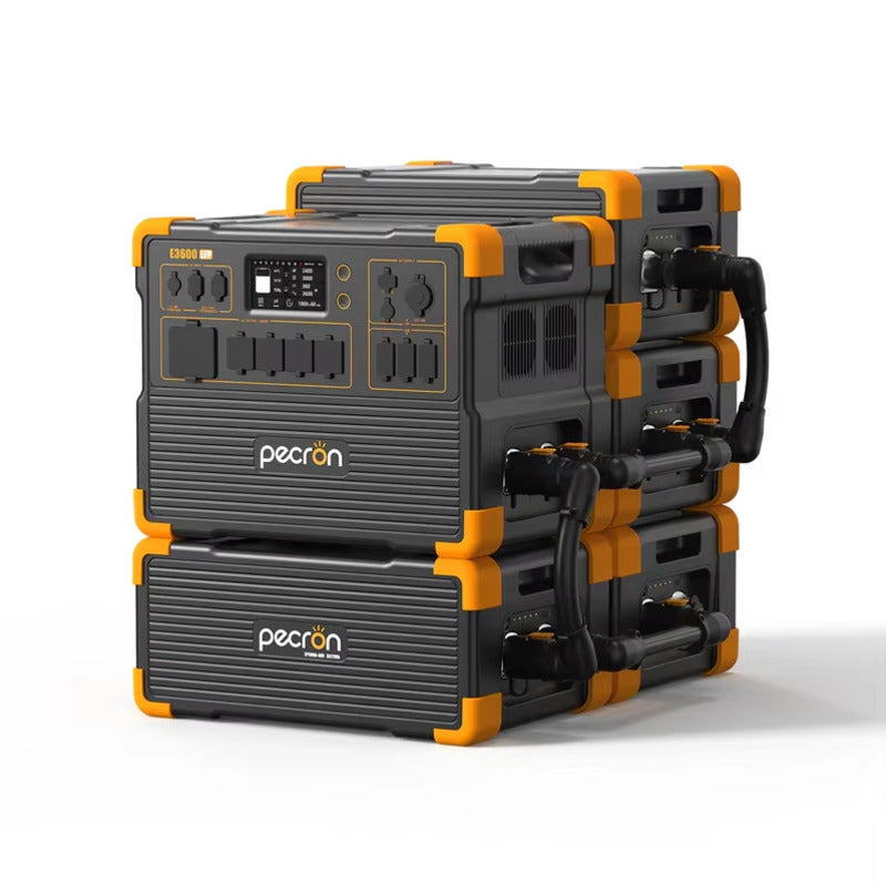 Pecron's black and orange portable power stations, model E3600LFP, are stacked and feature multiple outlets on the front. These units come with 3600W AC power capability, using advanced LiFePo4 battery technology, and have connected cables between each unit.