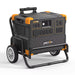 The Pecron E3600LFP portable generator showcases a sleek black and orange design with multiple outlets conveniently located on the front panel. It comes equipped with a LiFePo4 battery, delivering 3600W of AC power, and is mounted on a robust metal frame featuring two wheels and a handle for easy transportation.