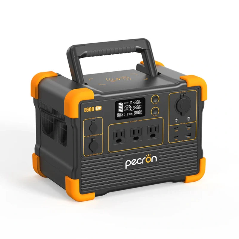 The Pecron E600LFP portable power station features a sleek design with a sturdy black body and vibrant orange corners. It is equipped with a LiFePO4 battery for reliable performance and includes multiple outlets, fast charging capabilities, a digital display, and a convenient top handle. The "Pecron" brand name is prominently displayed.