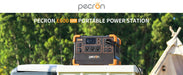 The image features a Pecron portable power station, model E600LFP, situated on an outdoor surface, surrounded by a tent and vibrant greenery to create an ideal camping atmosphere. It includes multiple outlets and is equipped with a fast-charging LiFePO4 battery. The brand name and product model are clearly visible at the top.