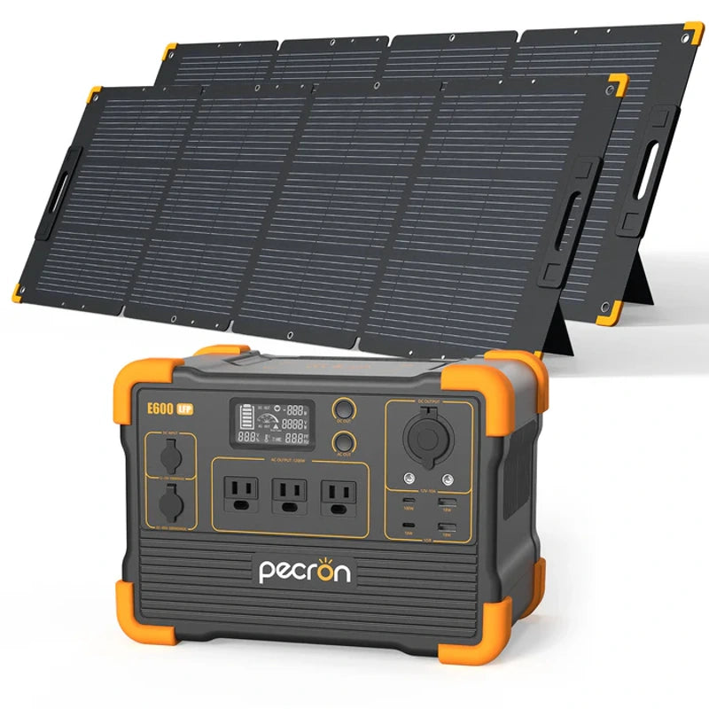 The Pecron portable solar power system offers fast charging utilizing E600LFP technology and includes foldable solar panels along with a power station equipped with multiple outlets. It features an LCD display and clearly labeled controls, all presented in a sleek black and orange color scheme with the Pecron brand name prominently displayed on the unit.