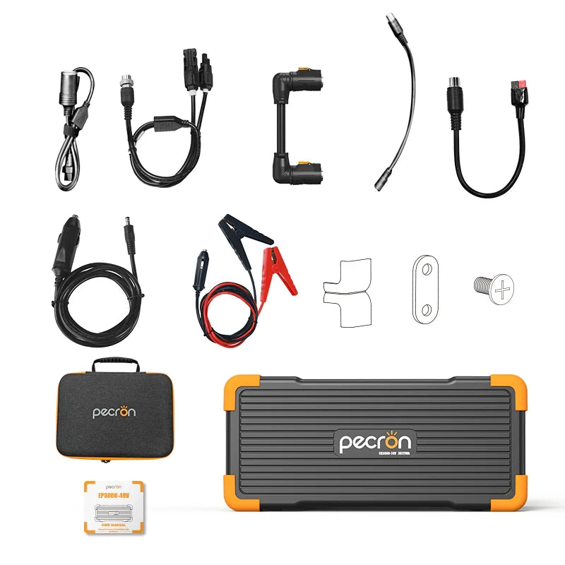 The image showcases a Pecron power station kit, including the Pecron EP3000-48V and an Expansion Battery, along with various components such as cables, connectors, clamps, a travel case, and installation accessories, all beautifully arranged on a white background.