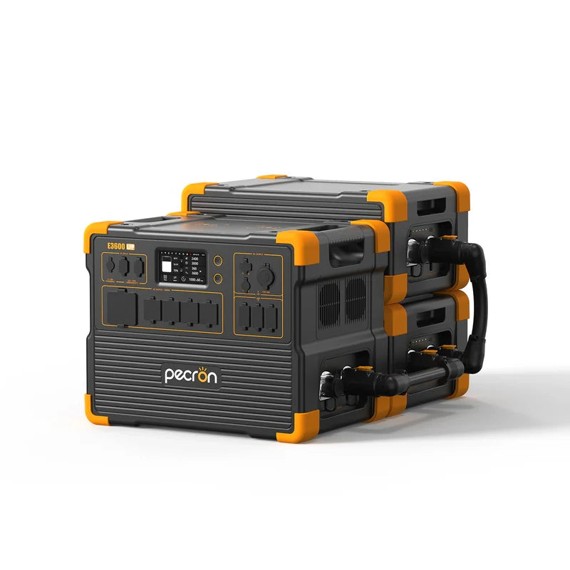 Two black and orange portable power stations are stacked, with the top unit labeled "Pecron." The setup includes the EP3000-48V model, which boasts multiple outlets and a digital display, along with various ports and connectors. They are connected by a side cable, and a Pecron Expansion Battery boosts their capacity.