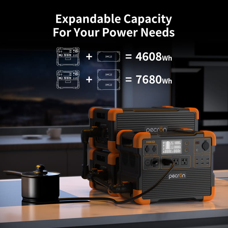 Two Pecron E1500LFP batteries are stacked and connected with cables, displayed on a table beside a small kitchen appliance. The image text states: "Expandable Capacity For Your Power Needs," highlighting outputs of 4608Wh and 7680Wh, emphasizing the super-fast charging capabilities of this portable power station.