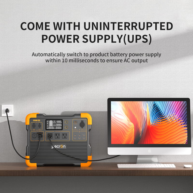 A desk setup showcases a desktop computer connected to the Pecron E1500LFP portable power station. Above, text states: "INCLUDING UNINTERRUPTED POWER SUPPLY (UPS)," highlighting its capability to transition to battery power in just 10 milliseconds with ultra-fast charging features.