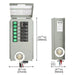 A gray Nature's Generator control panel with six switches (1–6), multiple breakers, a round power socket, and bottom wiring—ideal as a generator transfer switch. Dimensions in inches and millimeters are shown for height, width, and depth.