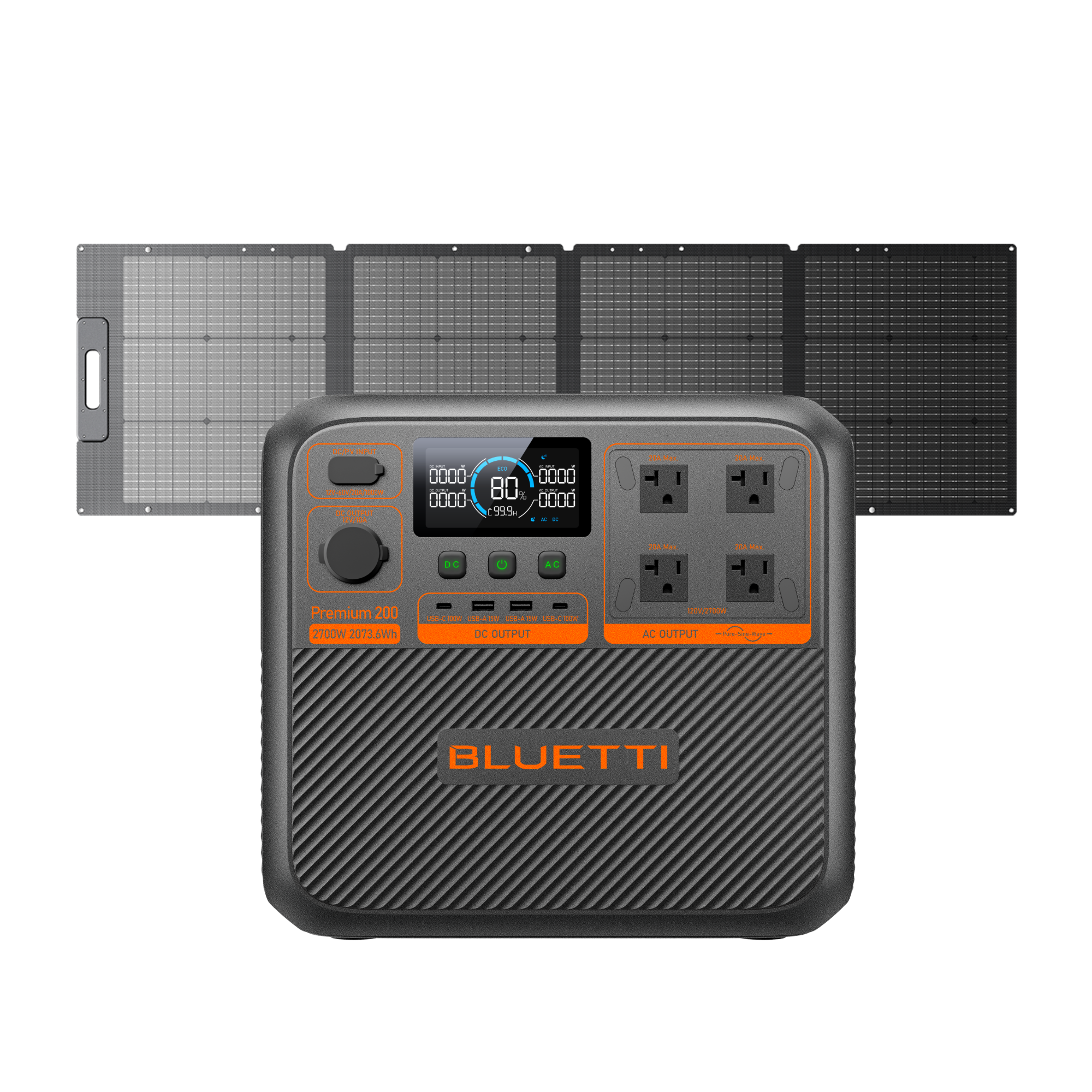 A Bluetti portable power station featuring an orange-accented front panel with outlets and a digital display is positioned in front of four Bluetti-branded rectangular solar panels arranged in a row.