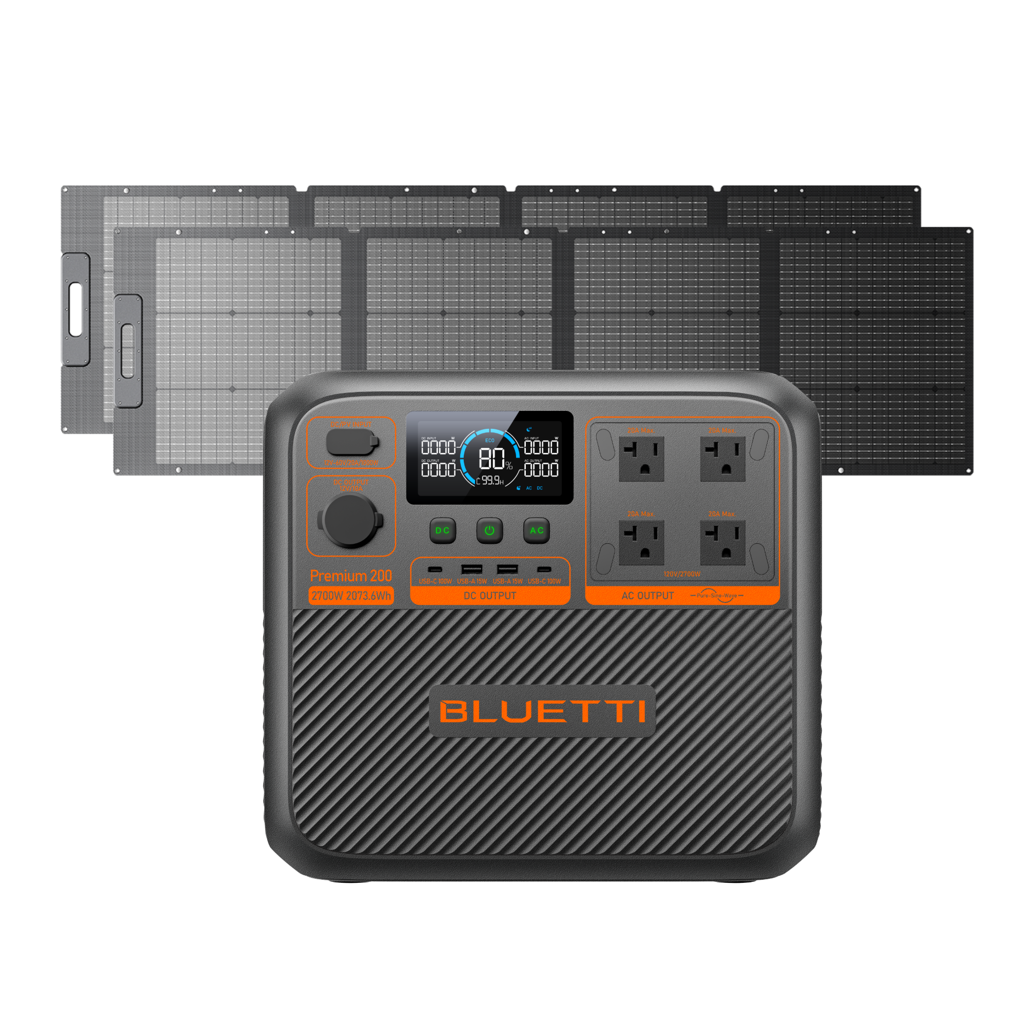 A Bluetti portable power station, branded with the Bluetti name, is positioned in front of four solar panels. The power station features multiple outlets and an LED display, and is mainly black with orange accents. The background is a plain white.