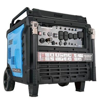 The Pulsar portable tri fuel generator delivers 17000 watts, features a blue and black design, control panel, labeled switches, multiple outlets, wheels, and handles—ideal for whole-home backup power with easy mobility and clear instructions.