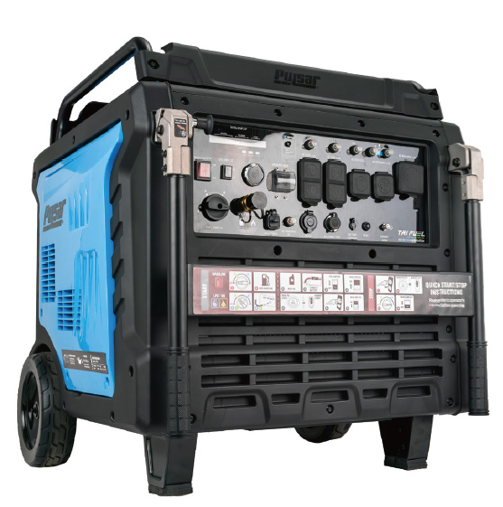 The Pulsar portable tri fuel generator delivers 17000 watts, features a blue and black design, control panel, labeled switches, multiple outlets, wheels, and handles—ideal for whole-home backup power with easy mobility and clear instructions.