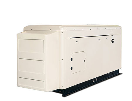The Cummins RS150 is a beige, rectangular 150kW standby generator with a closed casing on a black base. It features a vented side panel and small access door for easy maintenance.