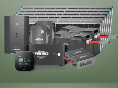 A selection of Renogy solar products, featuring multiple solar panels, a charge controller, power inverter, battery, and monitoring device, showcased against a simple green backdrop.