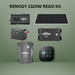 Photo showcasing the Renogy 1320W REGO Kit, which includes a solar panel, battery pack, inverter, charge controller, and system monitor. The components are displayed against a simple backdrop with the kit name prominently featured at the top.