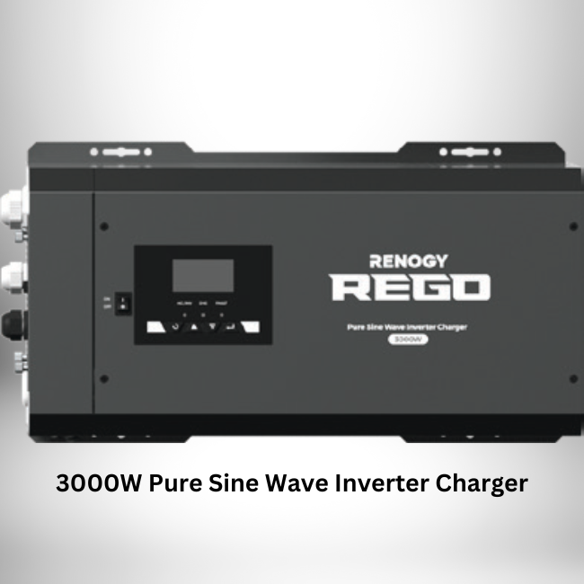 Image of a Renogy inverter charger, specifically the REGO 3000W Pure Sine Wave model. The device features a black design with a digital display and control buttons on its front panel. The brand name "Renogy" and product title are prominently printed in white on the casing.