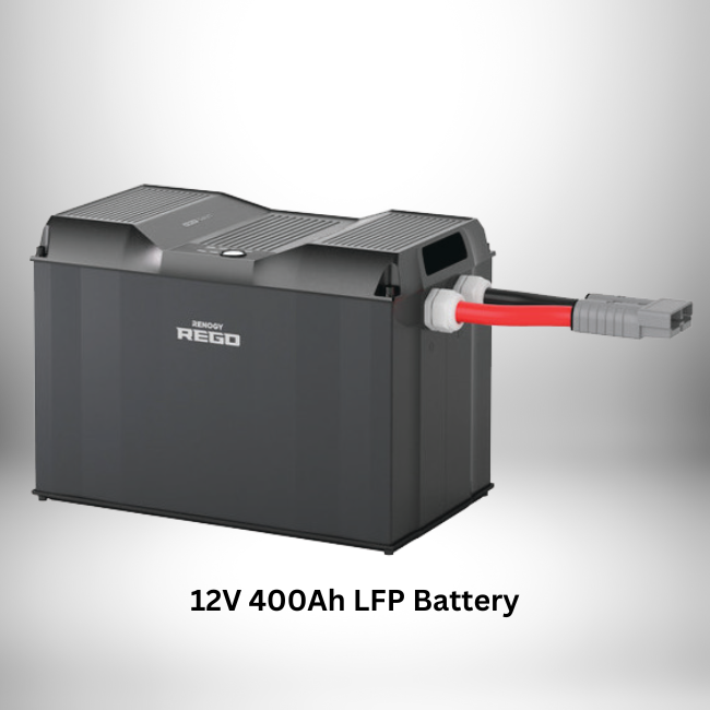 12V 400Ah LFP battery in a black casing labeled "Renogy" with a red and gray connector cable emerging from the side, set against a gradient background.