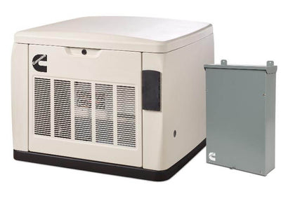A Cummins backup generator in beige, featuring a vented front panel, is positioned next to a gray electrical box and an Automatic Transfer Switch, all against a simple white backdrop.