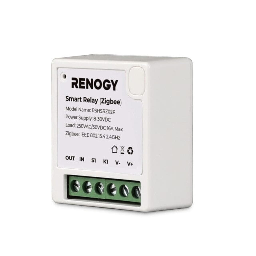 The image displays a Renogy RSH-ZP02D Smart Relay (Zigbee) device, which is an essential component of the Renogy 1.2kW Advanced Kit. It operates with a power supply range of 8-30VDC. This white unit is equipped with connectivity ports marked IN, SI, KI, V+, and V-, and it supports IEEE 802.15.4 2.4 connectivity standards.