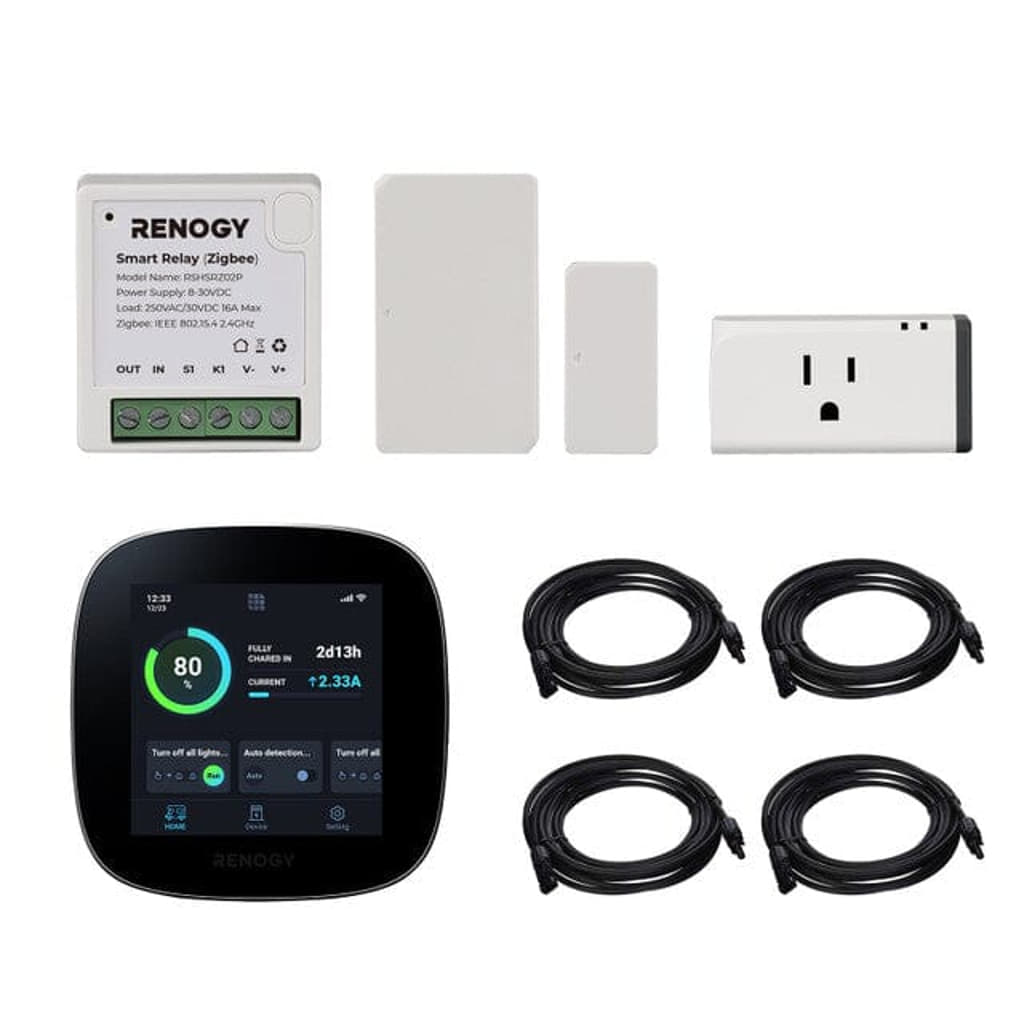 Renogy offers a range of smart home devices and accessories, highlighted by the sophisticated Renogy 1.2kW Kit with solar panel components. This collection includes a smart relay, two white modules, a smart plug, a green-and-black interface display, and four coiled black cables for seamless integration.