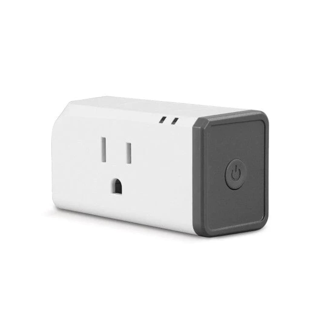 Introducing the Renogy smart plug, featuring a sleek design with a white body and a dark gray front panel equipped with a convenient power button. Perfect for remotely managing electronic devices, this smart plug seamlessly integrates with the Renogy 1.2kW Advanced Kit to boost energy efficiency in your solar-powered smart home system.