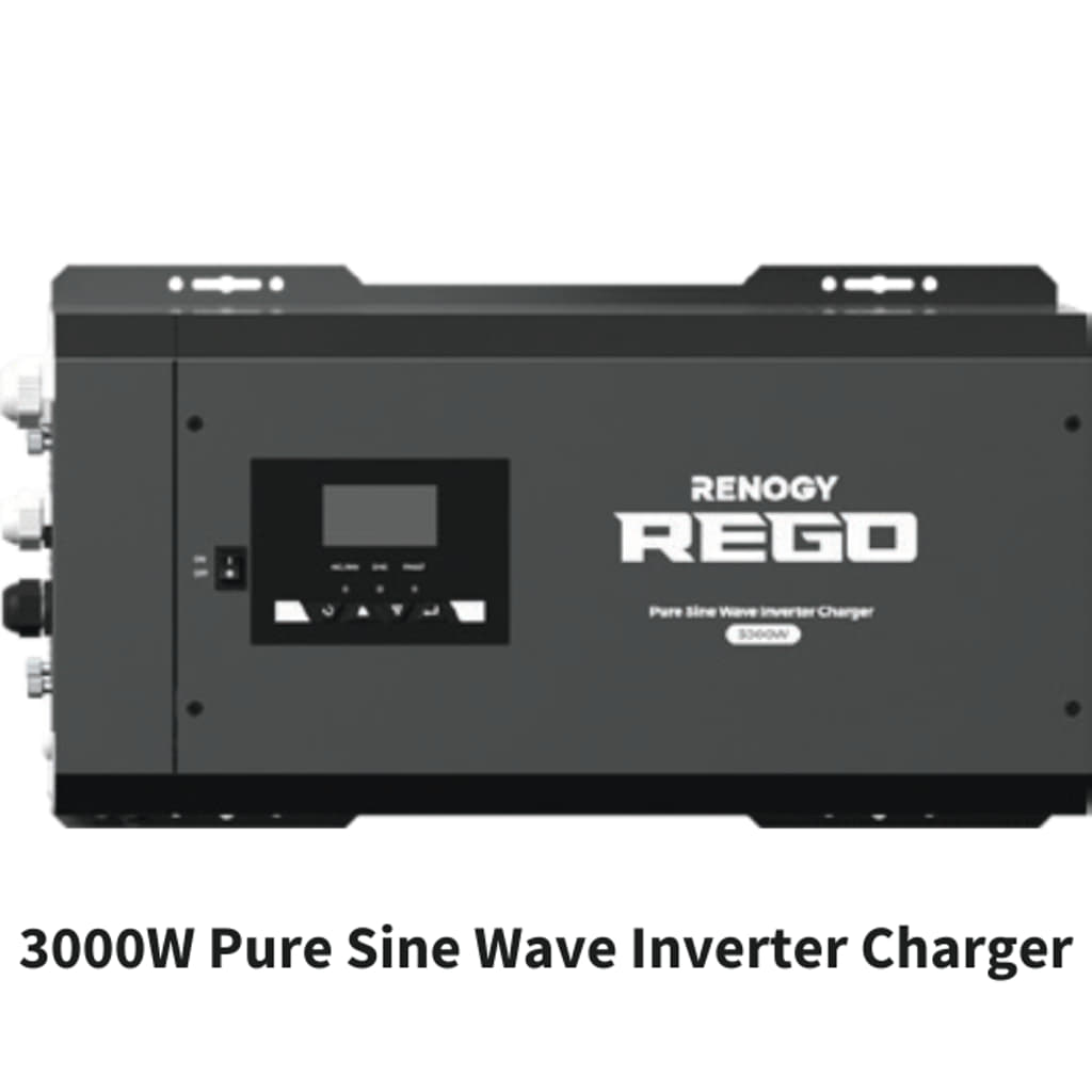 Depicted is a Renogy Rego 3000W Pure Sine Wave Inverter Charger. This rectangular device features a digital display, multiple buttons, and various connection ports. It sports a black finish with white lettering showcasing the brand and specifications.