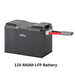 This is a Renogy 12V 400Ah LFP battery with a rectangular shape and a black casing, featuring a gray and red cable attached on one side. The words "12V 400Ah LFP Battery" are displayed below the battery.