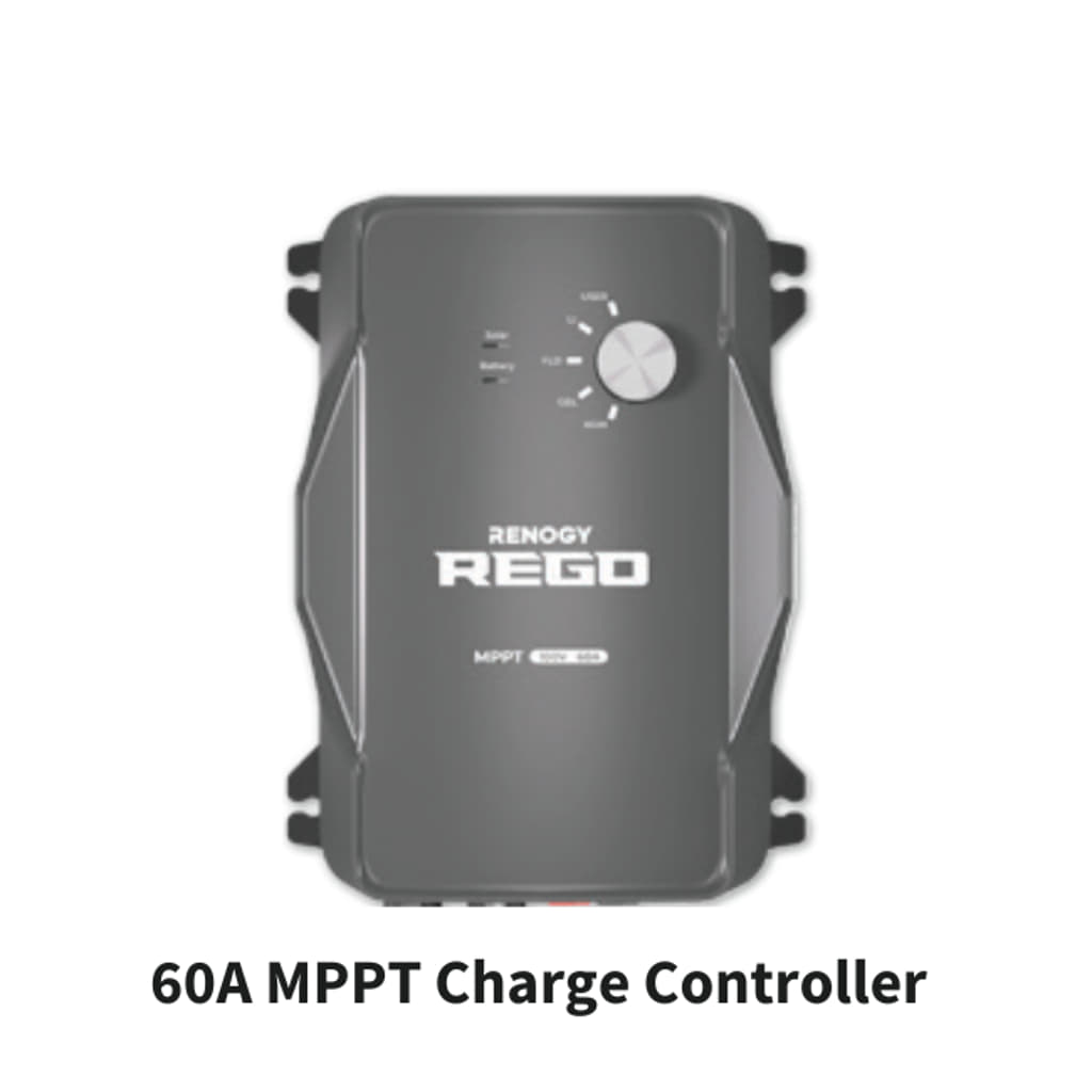 Image of a black, rectangular Renogy MPPT Charge Controller featuring a dial on the top half. The device is labeled with its model name, "60A MPPT Charge Controller.