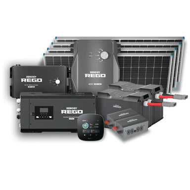 A set of Renogy solar energy products, featuring solar panels, inverters, a battery, charge controllers, and a remote monitoring screen, displayed together on a white background.