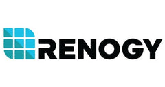 The image shows the Renogy logo, consisting of a stylized blue grid pattern resembling solar panels on the left, followed by the word "Renogy" in bold black letters.