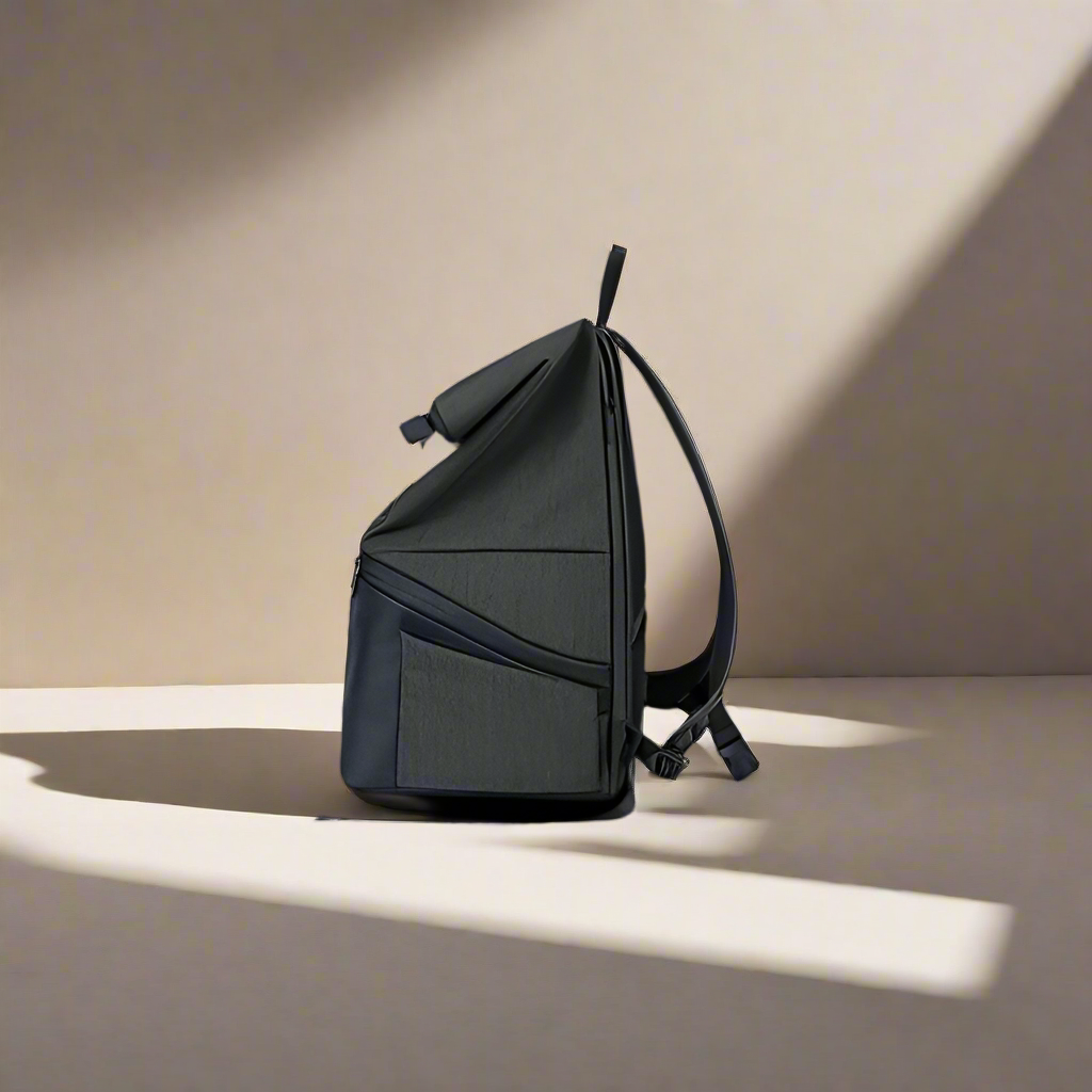 An EcoFlow RIVER 2 Travel Bag in black is displayed in profile against a beige background, with diagonal sunlight casting shadows.