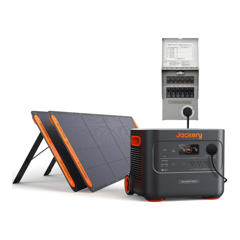 A portable Jackery solar panel with orange edges and an ultra-fast charging "Jackery Explorer 3000 Pro" power station featuring multiple outlets and a large capacity, accompanied by an electrical panel equipped with various switches and a labeled diagram.