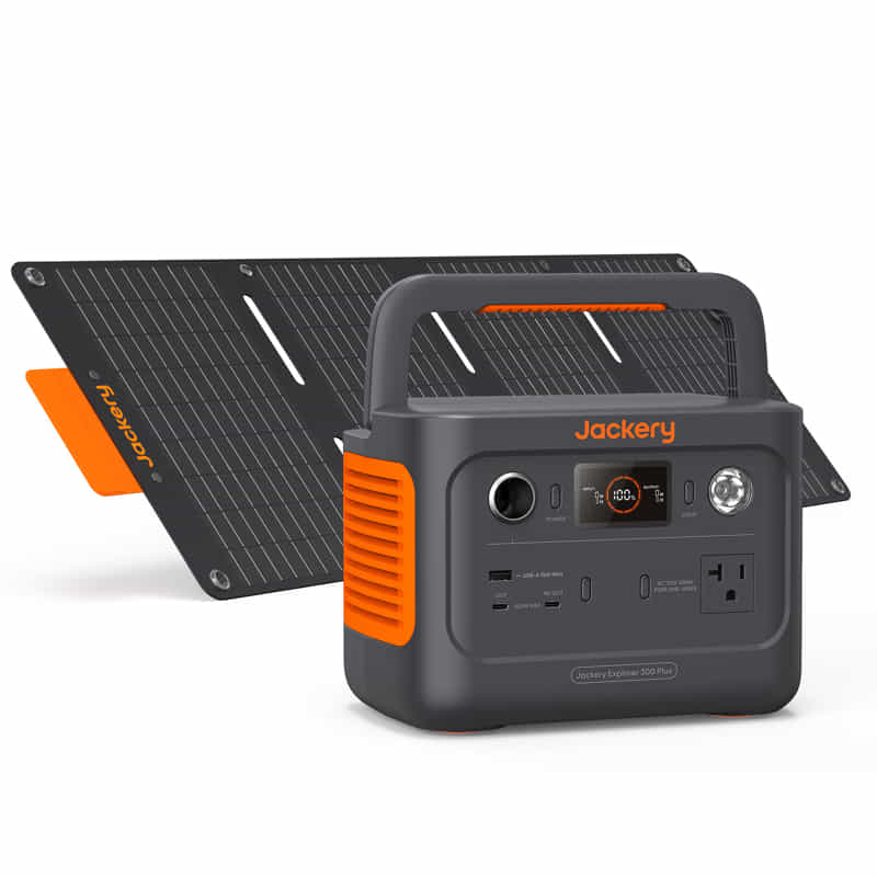 The Jackery portable power station, compatible with Smart App Control, features a digital display and multiple charging ports. Its sleek gray design with orange accents and a top handle pairs well with the upright black panel. Enjoy ultra-fast charging with this innovative solution.