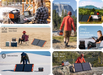 A vibrant collage shows individuals using Jackery solar power gear outdoors, highlighting portability and robust battery capacity. Experience easy setup, waterproof panels, and quiet operation with the orange and black Jackery portable power station offering multiple convenient charging options.