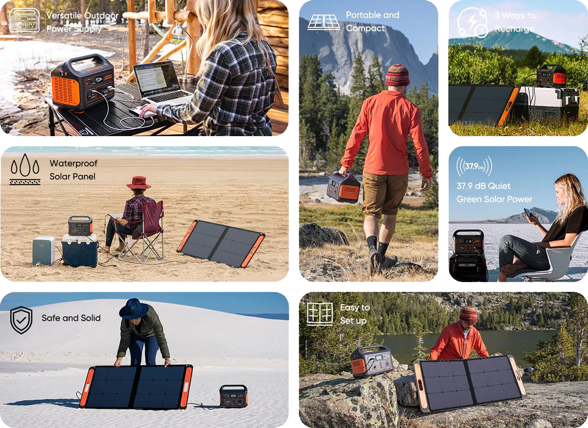 A vibrant collage shows individuals using Jackery solar power gear outdoors, highlighting portability and robust battery capacity. Experience easy setup, waterproof panels, and quiet operation with the orange and black Jackery portable power station offering multiple convenient charging options.