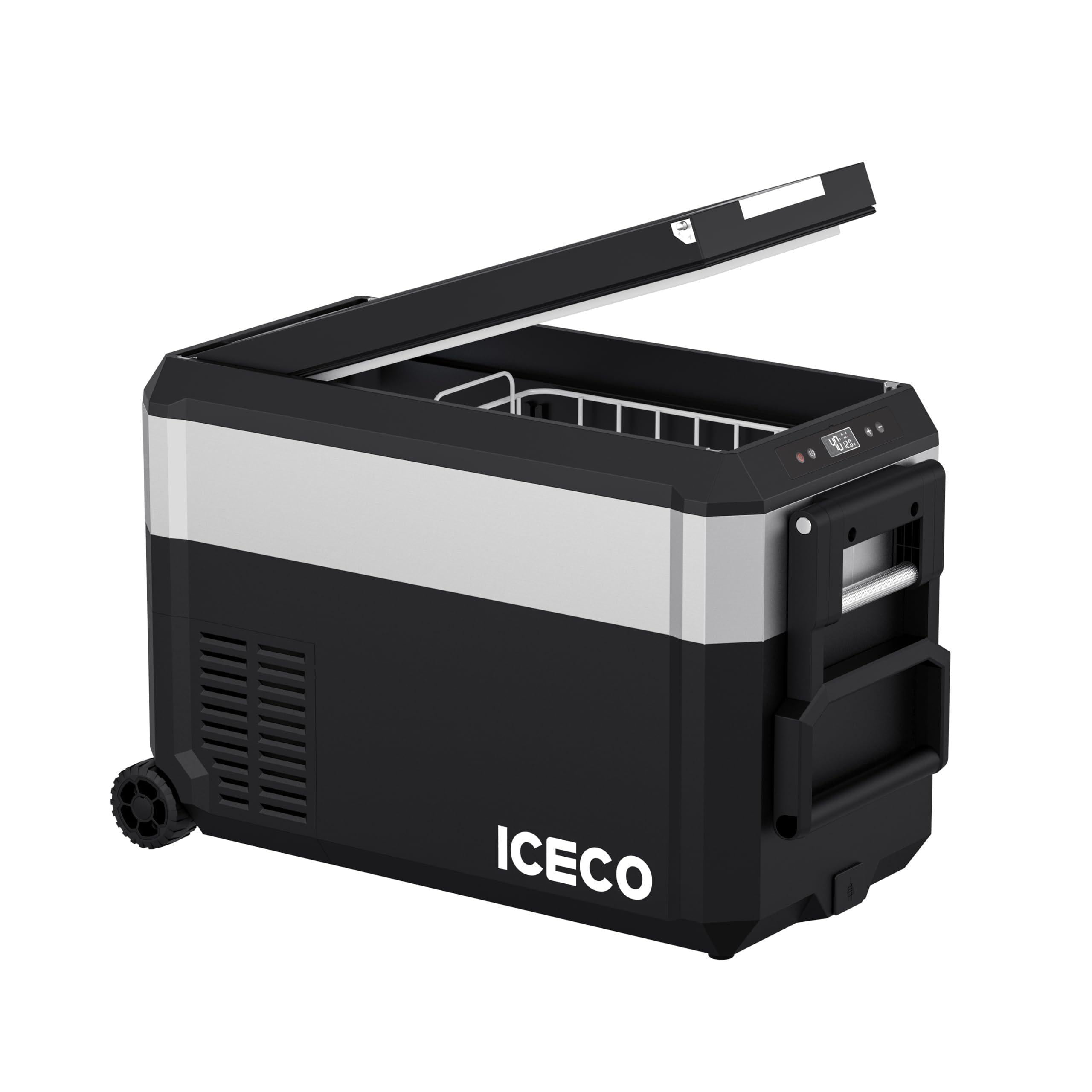 A portable black and silver ICECO Wholesale refrigerator with a reversible lid, side vents, control panel, handle, wheels on one end, and a small interior basket.