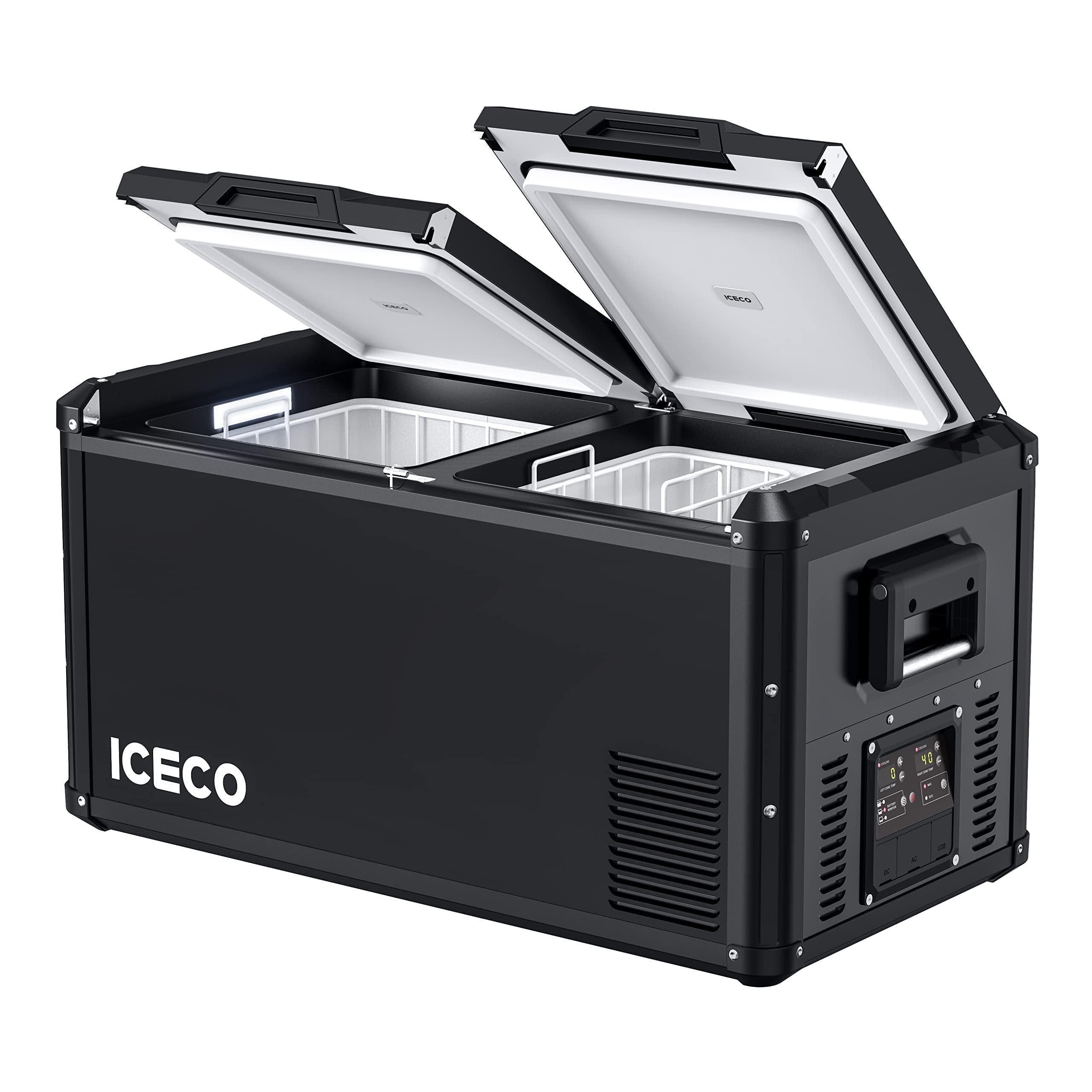 The ICECO Wholesale portable refrigerator, available in black, features two open hinged lids and is equipped with a Secop compressor. It offers a digital control panel on the front and includes two interior compartments for cooling or freezing items. This 12V refrigerator, complete with AC and DC plugs, is ideal for use outdoors or in vehicles.