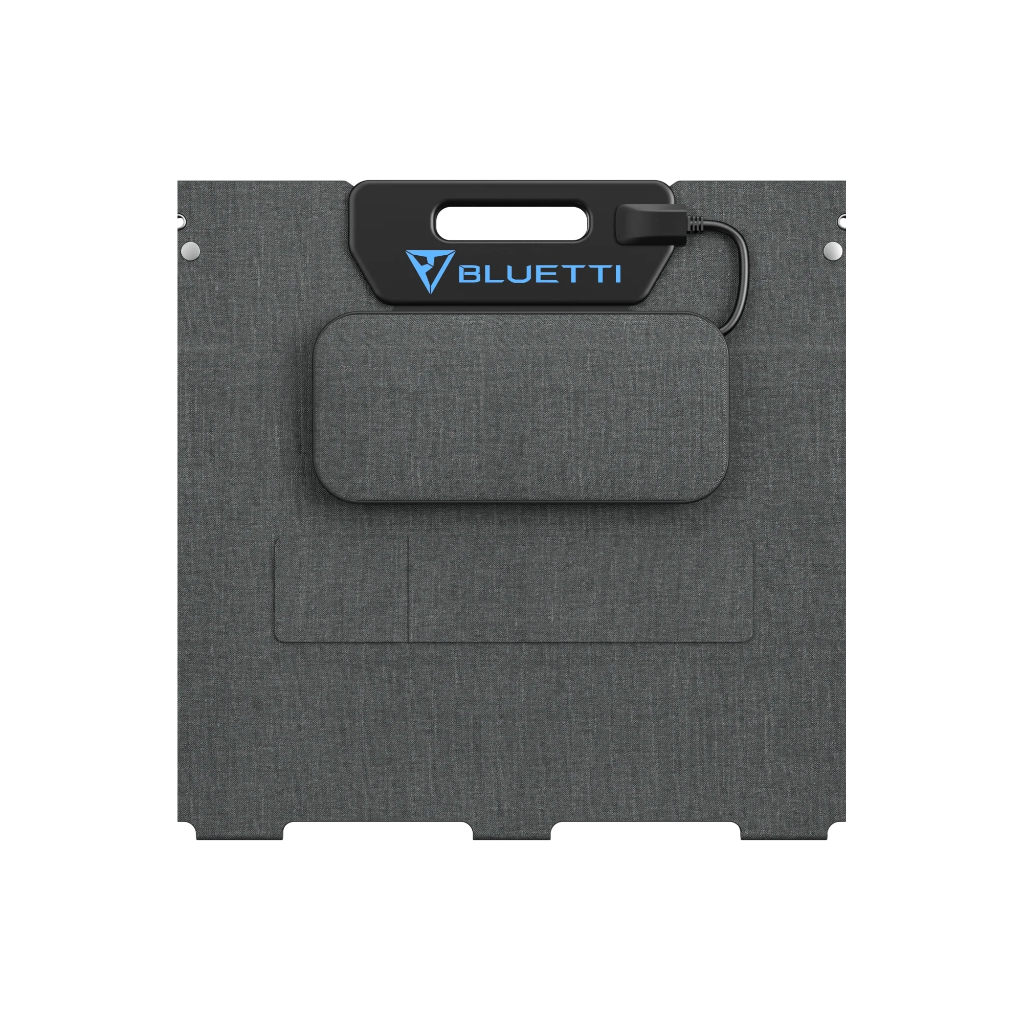 A gray BLUETTI SP100L folding solar panel with a handle and attached storage pouch is shown against a plain white background. Perfect as an off-grid solar panel, the BLUETTI logo appears in blue on the handle section at the top.