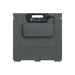 A gray BLUETTI SP100L folding solar panel with a handle and attached storage pouch is shown against a plain white background. Perfect as an off-grid solar panel, the BLUETTI logo appears in blue on the handle section at the top.