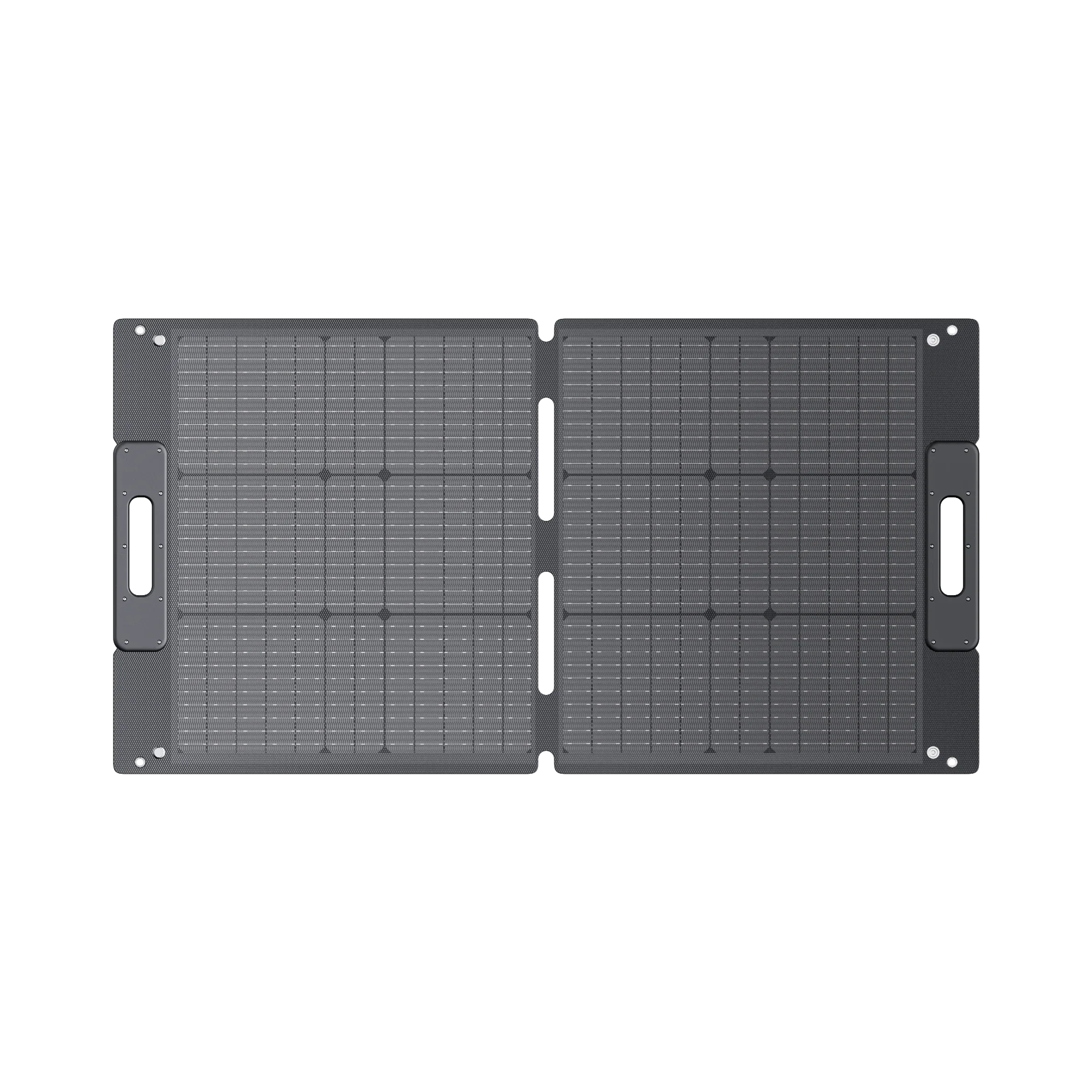 A foldable rectangular solar panel with a grid pattern and two handles, shown fully open on a plain white background. Featuring advanced monocrystalline solar cells, the BLUETTI SP100L portable solar panel is designed for efficient energy capture and easy transport.