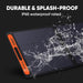 A close-up of a Jackery SolarSaga 100W Solar Panel being splashed, showcasing its durability and IP65 waterproof rating. Text: "Durable & Splash-Proof. High-performance portable energy solution.