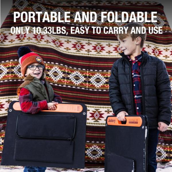Two children stand outside in front of a patterned blanket, each holding a Jackery device. Text above highlights Jackery’s portability, 10.33 lbs light weight, and compatibility with the SolarSaga 100W Solar Panel for high-performance portable energy.