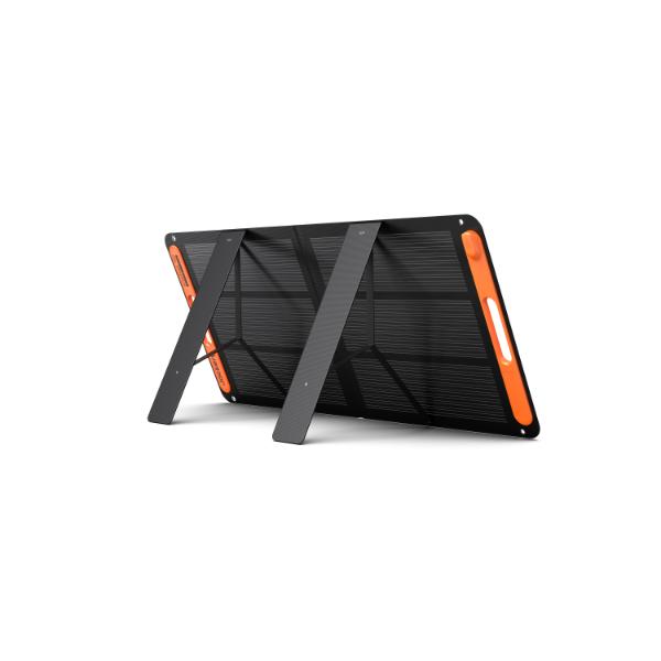 The Jackery SolarSaga 100W Solar Panel features a black rectangular design with orange accents, supported by two fold-out stands on a white background, offering an efficient and portable energy solution.