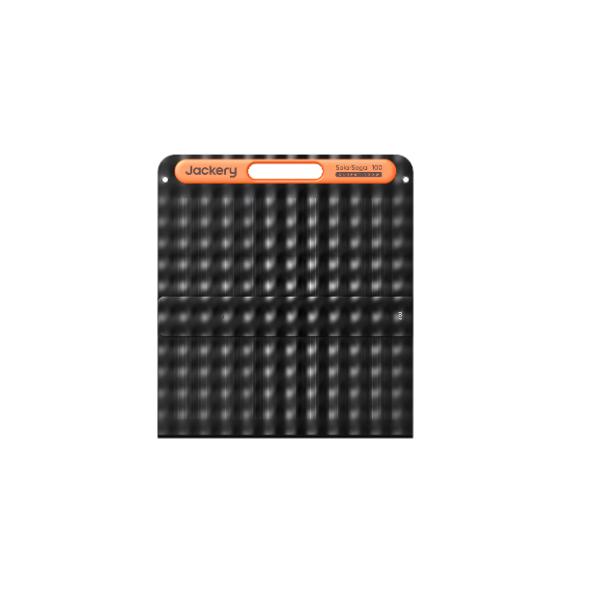 A black rectangular Jackery SolarSaga 100W Solar Panel with an orange handle and a "SolarSaga 100" label at the top, displayed against a white background—a high-performance portable energy solution.
