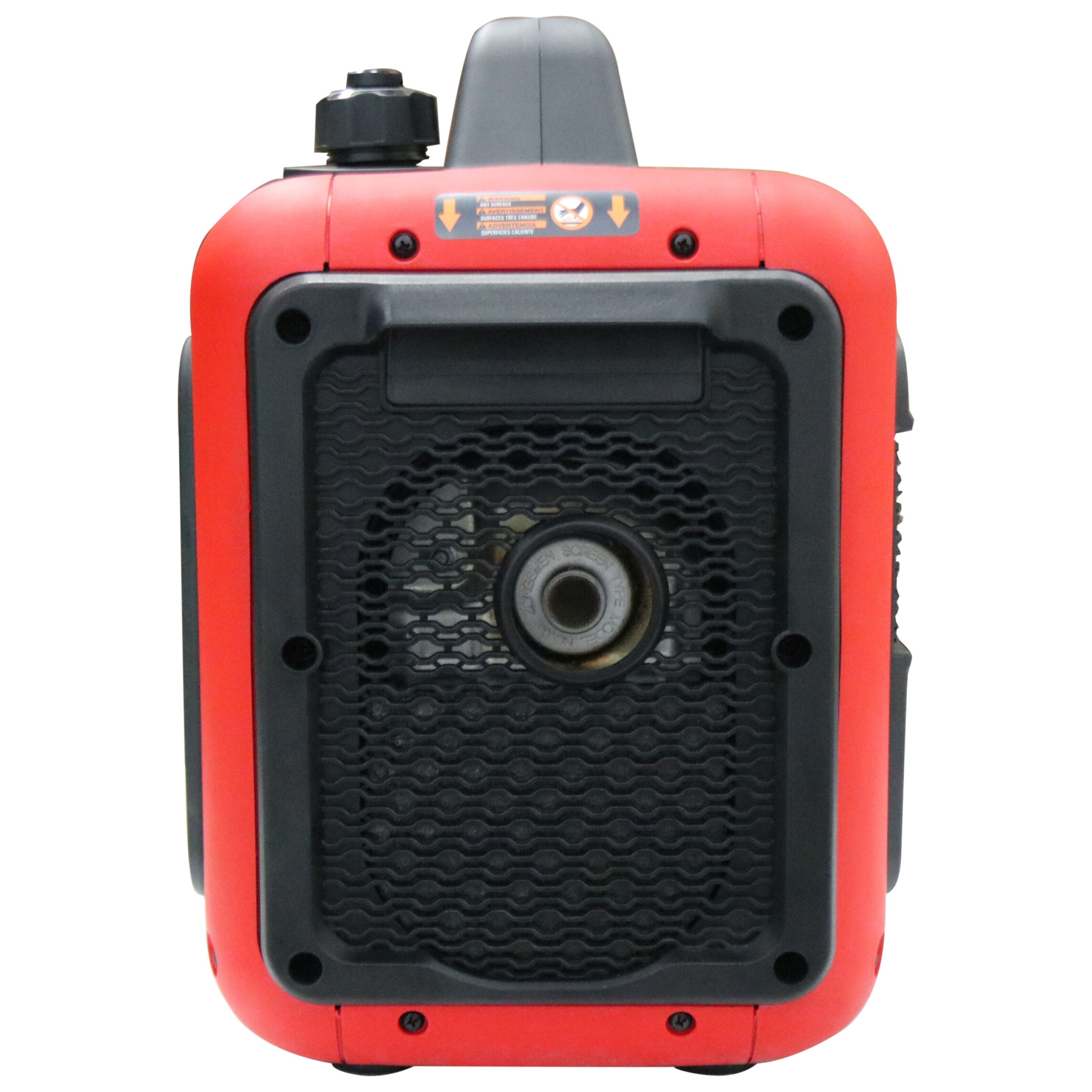 The Simpson portable generator, featuring the powerful CRX80 engine, is displayed from the front with a circular vent and a control knob on top. Its sleek design showcases hexagonal vent patterns and caution labels, all within a rectangular shape with rounded edges in red and black.