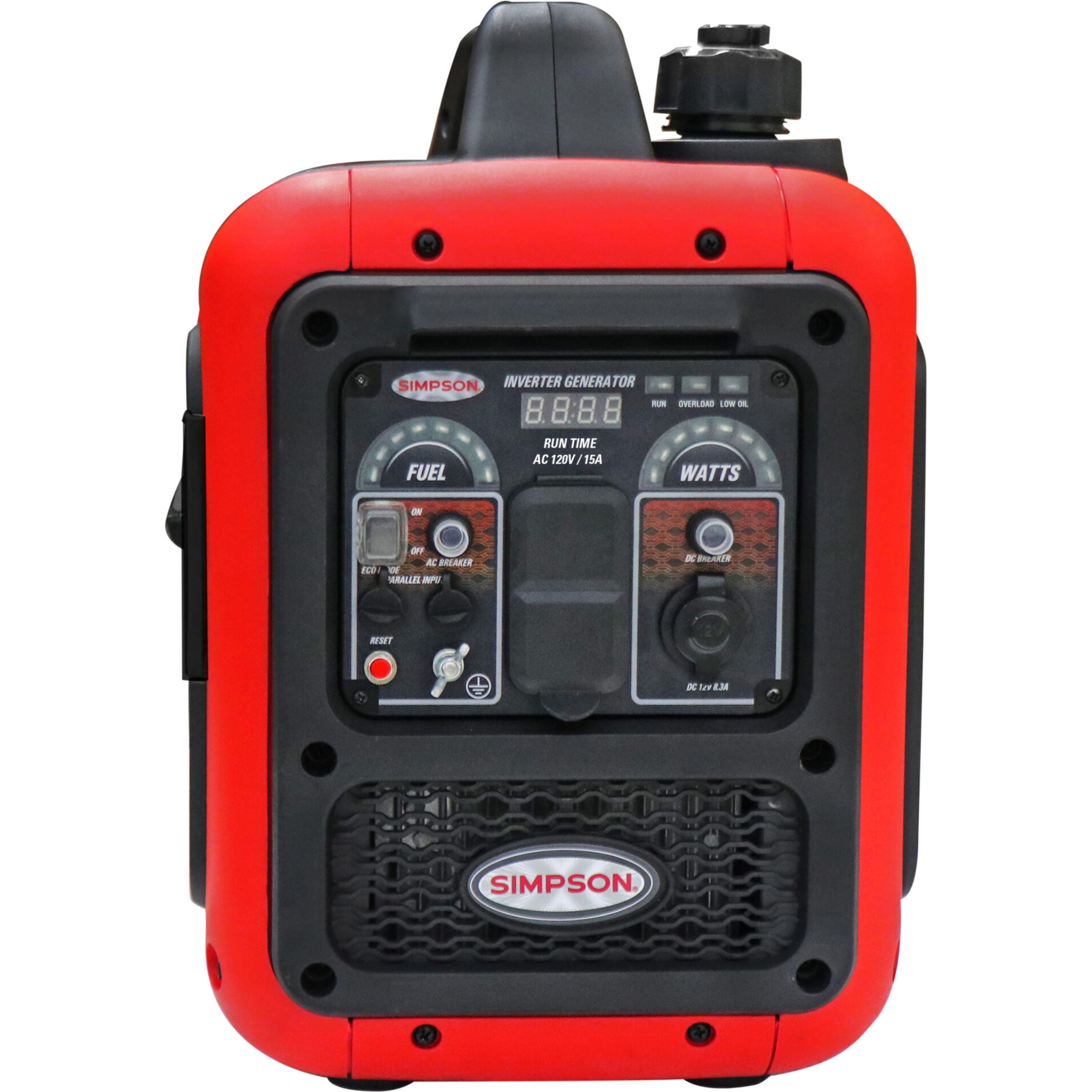 The Simpson PowerShot inverter generator, in a striking red color, features a black control panel equipped with various dials and switches, including indicators for fuel and wattage. Driven by the powerful CRX80 engine, the generator proudly displays the Simpson logo on both its panel and bottom mesh grille. Additionally, it includes a convenient handle on top for easy transport.